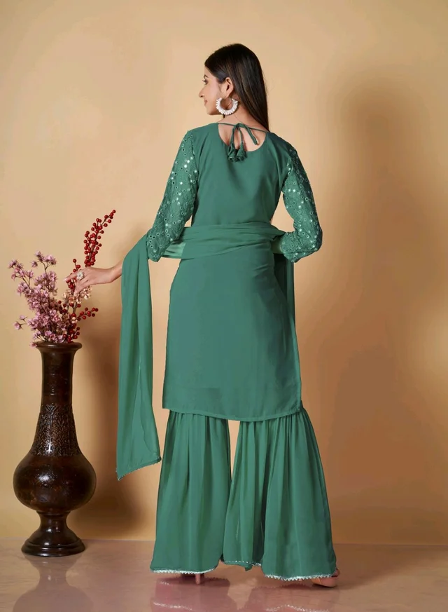 Women's Georgette Sequence Party Festival Wear Full Sleeve Latest Stitched Kurta Sharara and Duppata Set - Viridian, L