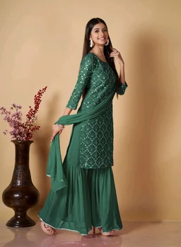 Women's Georgette Sequence Party Festival Wear Full Sleeve Latest Stitched Kurta Sharara and Duppata Set - Viridian, L