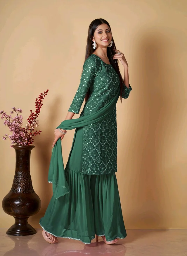Women's Georgette Sequence Party Festival Wear Full Sleeve Latest Stitched Kurta Sharara and Duppata Set - Viridian, L