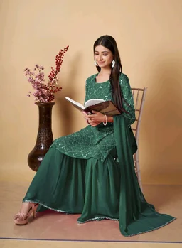 Women's Georgette Sequence Party Festival Wear Full Sleeve Latest Stitched Kurta Sharara and Duppata Set - Viridian, L