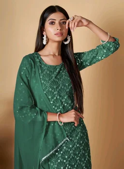Women's Georgette Sequence Party Festival Wear Full Sleeve Latest Stitched Kurta Sharara and Duppata Set - Viridian, L
