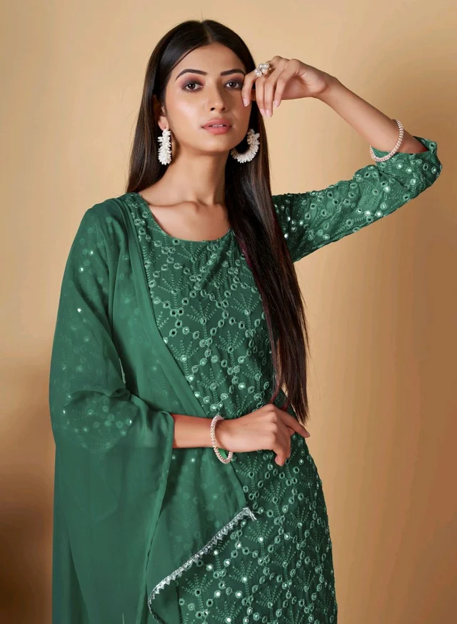 Women's Georgette Sequence Party Festival Wear Full Sleeve Latest Stitched Kurta Sharara and Duppata Set - Viridian, L