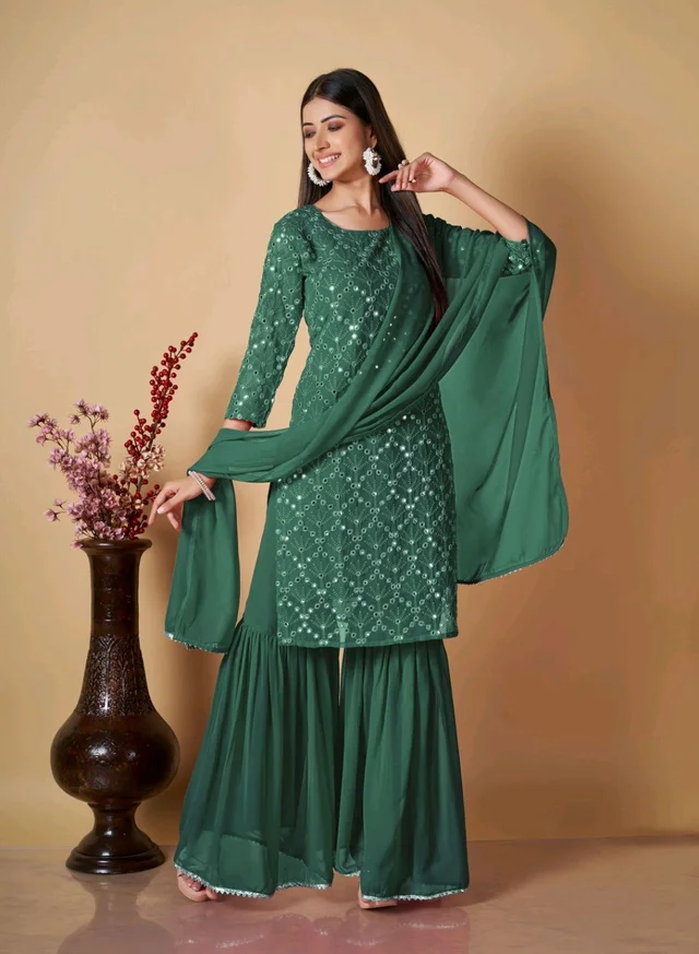 Women's Georgette Sequence Party Festival Wear Full Sleeve Latest Stitched Kurta Sharara and Duppata Set - Viridian, XL