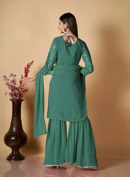 Women's Georgette Sequence Party Festival Wear Full Sleeve Latest Stitched Kurta Sharara and Duppata Set - Viridian, XL