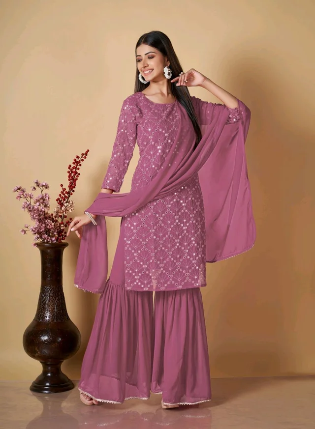 Women's Georgette Sequence Party Festival Wear Full Sleeve Latest Stitched Kurta Sharara and Duppata Set - Cadillac, L