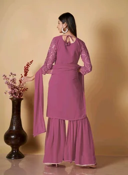 Women's Georgette Sequence Party Festival Wear Full Sleeve Latest Stitched Kurta Sharara and Duppata Set - Cadillac, L