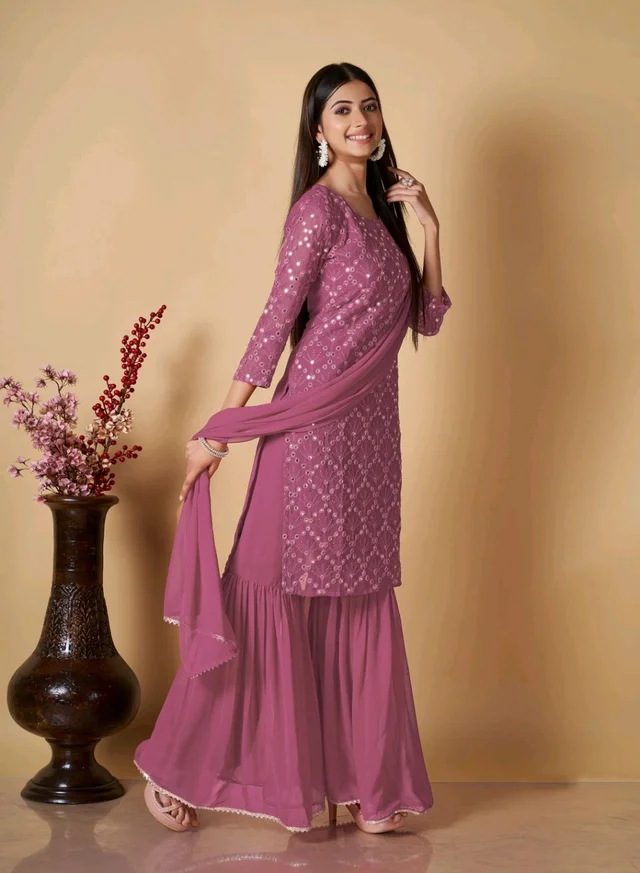 Women's Georgette Sequence Party Festival Wear Full Sleeve Latest Stitched Kurta Sharara and Duppata Set - Cadillac, L