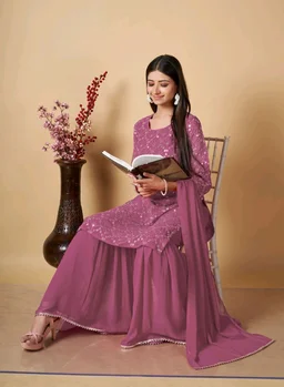 Women's Georgette Sequence Party Festival Wear Full Sleeve Latest Stitched Kurta Sharara and Duppata Set - Cadillac, L