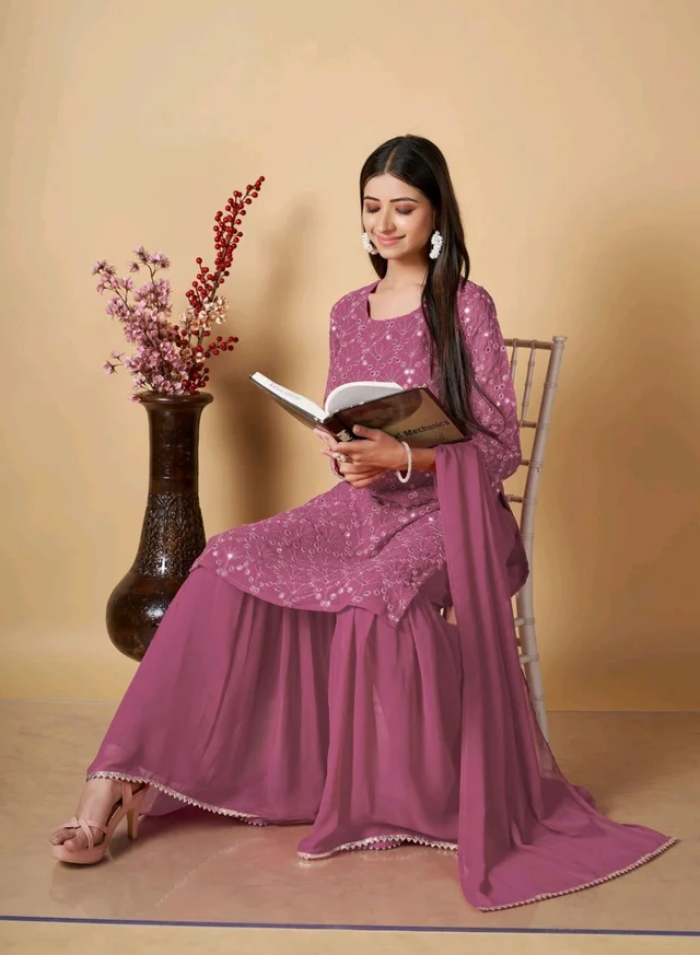 Women's Georgette Sequence Party Festival Wear Full Sleeve Latest Stitched Kurta Sharara and Duppata Set - Cadillac, L