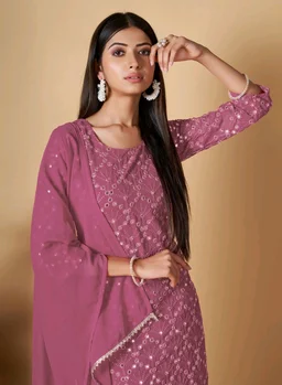 Women's Georgette Sequence Party Festival Wear Full Sleeve Latest Stitched Kurta Sharara and Duppata Set - Cadillac, L