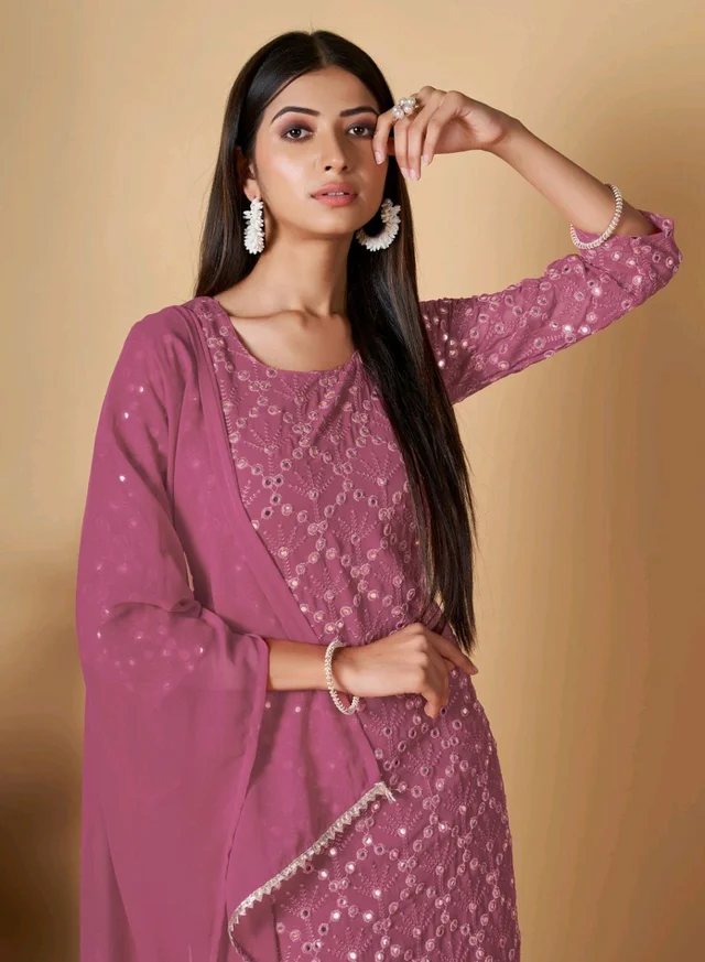 Women's Georgette Sequence Party Festival Wear Full Sleeve Latest Stitched Kurta Sharara and Duppata Set - Cadillac, L