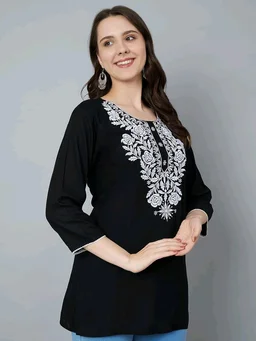 Kurti for Women Short Chikankari Kurtis for Girls Lakhnawi Top Kurta Design for Ladies Woman Straight Embroidery for Office (Short Flower Kurti) - Black, L