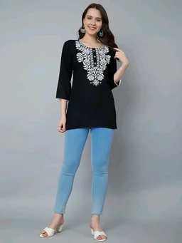 Kurti for Women Short Chikankari Kurtis for Girls Lakhnawi Top Kurta Design for Ladies Woman Straight Embroidery for Office (Short Flower Kurti) - Black, L