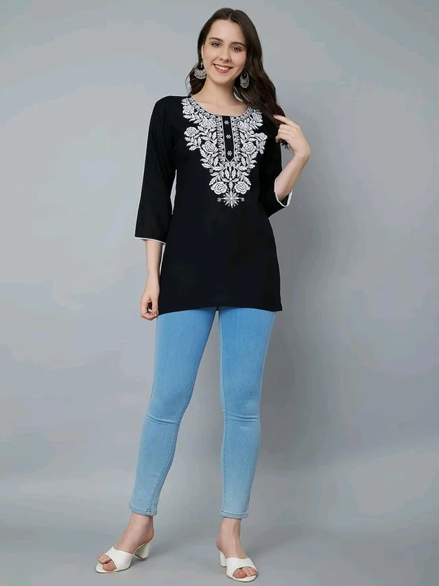 Kurti for Women Short Chikankari Kurtis for Girls Lakhnawi Top Kurta Design for Ladies Woman Straight Embroidery for Office (Short Flower Kurti) - Black, L