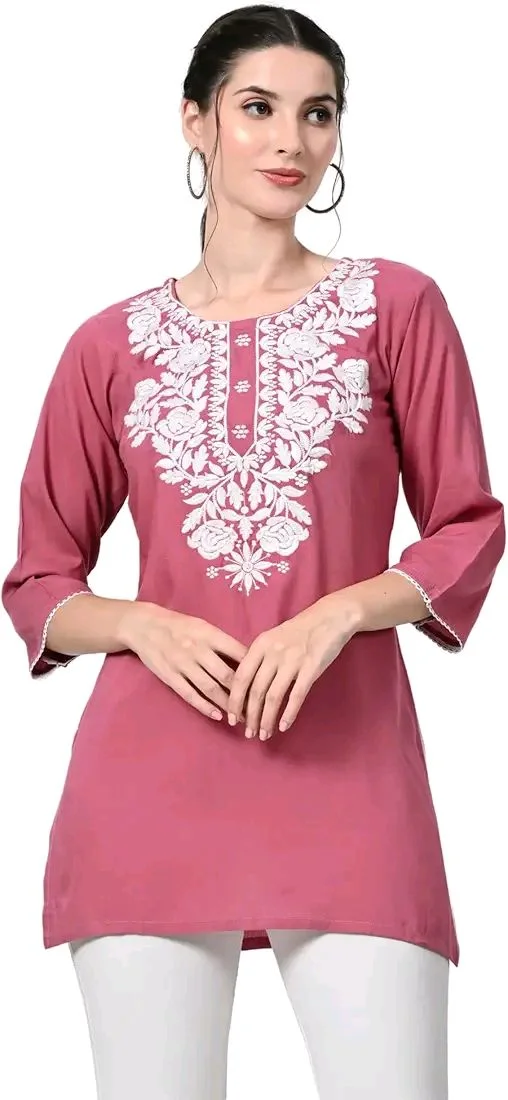 Kurti for Women Short Chikankari Kurtis for Girls Lakhnawi Top Kurta Design for Ladies Woman Straight Embroidery for Office (Short Flower Kurti) - Charm, L
