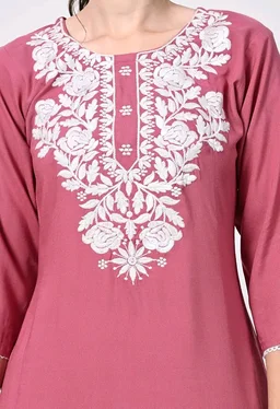 Kurti for Women Short Chikankari Kurtis for Girls Lakhnawi Top Kurta Design for Ladies Woman Straight Embroidery for Office (Short Flower Kurti) - Charm, L