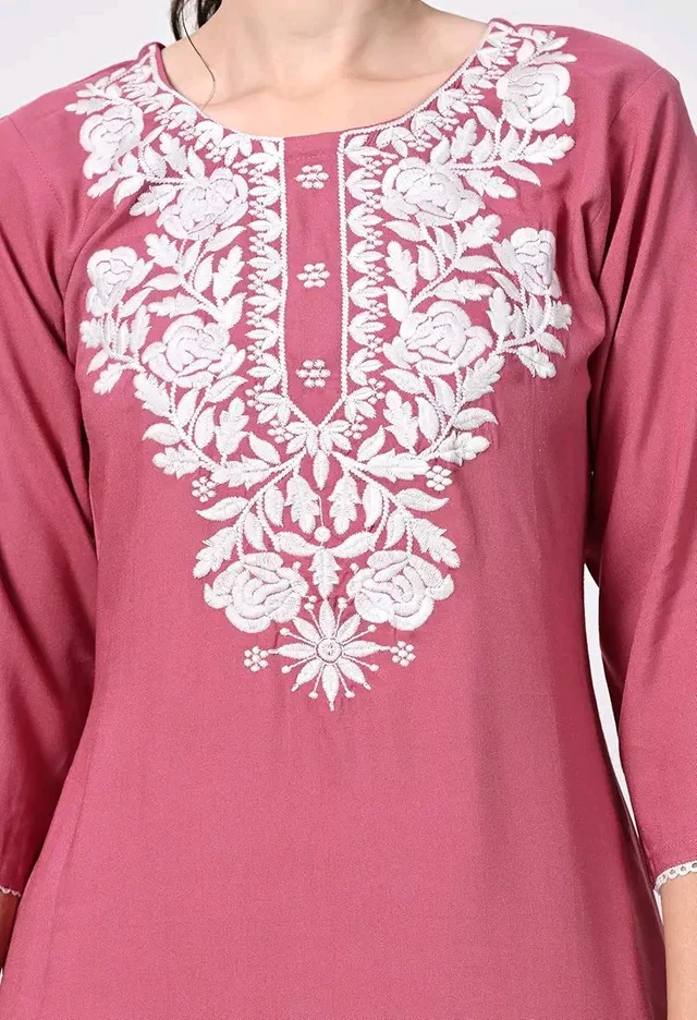 Kurti for Women Short Chikankari Kurtis for Girls Lakhnawi Top Kurta Design for Ladies Woman Straight Embroidery for Office (Short Flower Kurti) - Charm, L