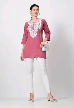 Kurti for Women Short Chikankari Kurtis for Girls Lakhnawi Top Kurta Design for Ladies Woman Straight Embroidery for Office (Short Flower Kurti) - Charm, L