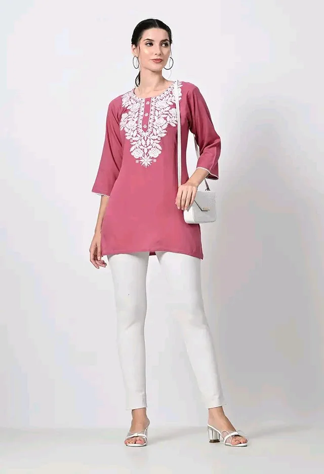 Kurti for Women Short Chikankari Kurtis for Girls Lakhnawi Top Kurta Design for Ladies Woman Straight Embroidery for Office (Short Flower Kurti) - Charm, L