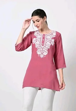 Kurti for Women Short Chikankari Kurtis for Girls Lakhnawi Top Kurta Design for Ladies Woman Straight Embroidery for Office (Short Flower Kurti) - Charm, L