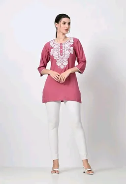 Kurti for Women Short Chikankari Kurtis for Girls Lakhnawi Top Kurta Design for Ladies Woman Straight Embroidery for Office (Short Flower Kurti) - Charm, L