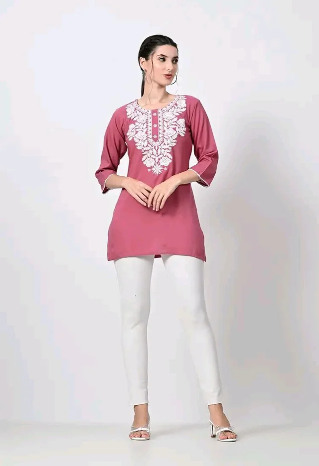 Kurti for Women Short Chikankari Kurtis for Girls Lakhnawi Top Kurta Design for Ladies Woman Straight Embroidery for Office (Short Flower Kurti) - Charm, L