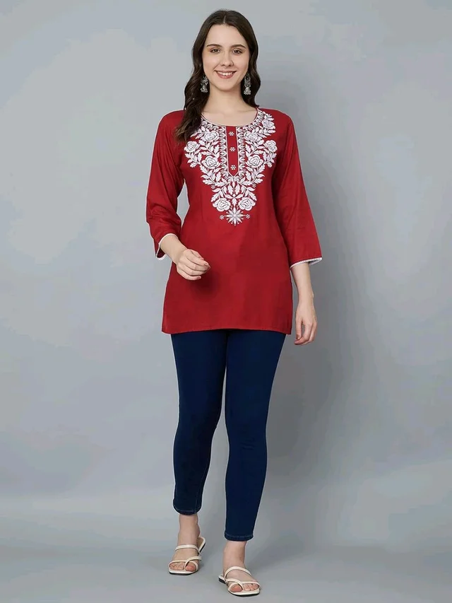 Kurti for Women Short Chikankari Kurtis for Girls Lakhnawi Top Kurta Design for Ladies Woman Straight Embroidery for Office (Short Flower Kurti) - Maroon Flush, M