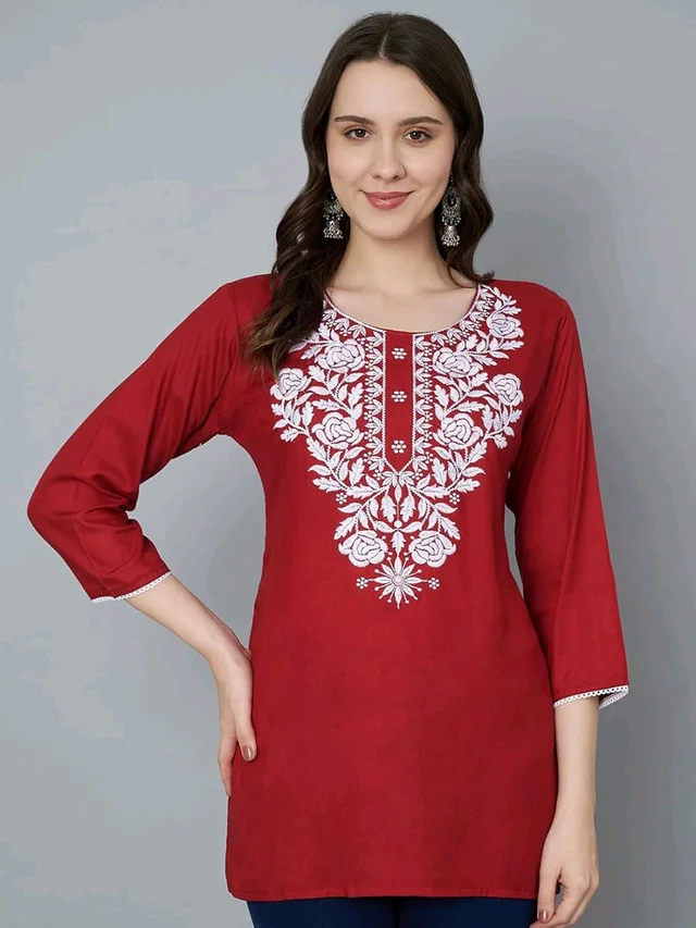 Kurti for Women Short Chikankari Kurtis for Girls Lakhnawi Top Kurta Design for Ladies Woman Straight Embroidery for Office (Short Flower Kurti) - Cardinal, M