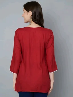 Kurti for Women Short Chikankari Kurtis for Girls Lakhnawi Top Kurta Design for Ladies Woman Straight Embroidery for Office (Short Flower Kurti) - Cardinal, M