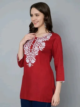 Kurti for Women Short Chikankari Kurtis for Girls Lakhnawi Top Kurta Design for Ladies Woman Straight Embroidery for Office (Short Flower Kurti) - Cardinal, M
