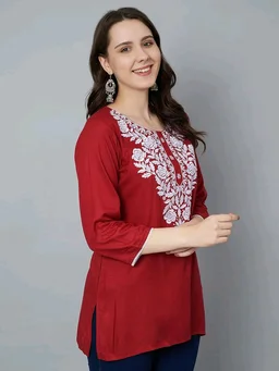 Kurti for Women Short Chikankari Kurtis for Girls Lakhnawi Top Kurta Design for Ladies Woman Straight Embroidery for Office (Short Flower Kurti) - Cardinal, M