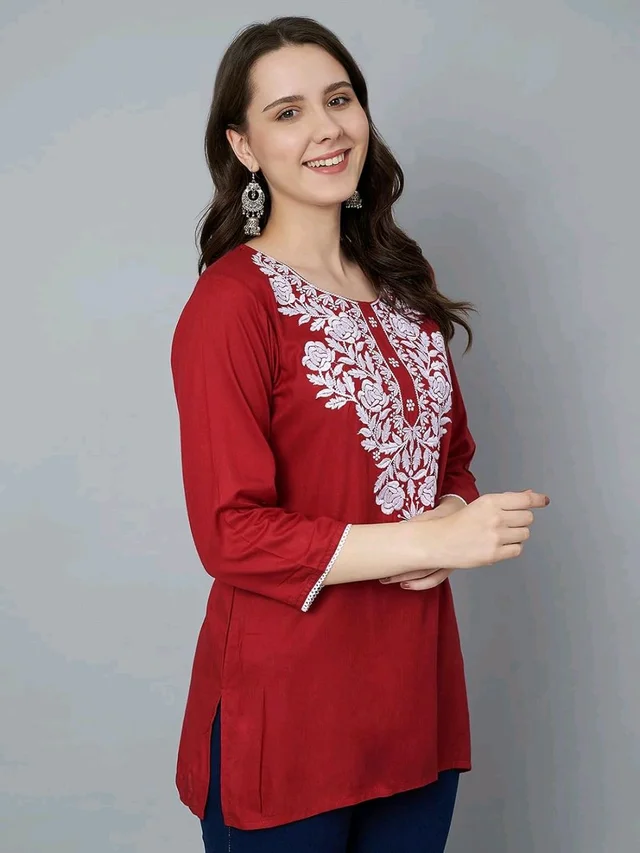 Kurti for Women Short Chikankari Kurtis for Girls Lakhnawi Top Kurta Design for Ladies Woman Straight Embroidery for Office (Short Flower Kurti) - Cardinal, M