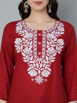 Kurti for Women Short Chikankari Kurtis for Girls Lakhnawi Top Kurta Design for Ladies Woman Straight Embroidery for Office (Short Flower Kurti) - Cardinal, M
