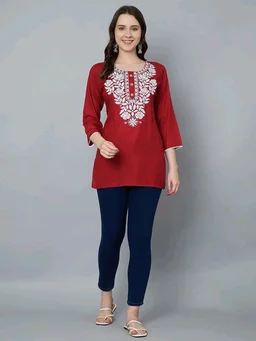 Kurti for Women Short Chikankari Kurtis for Girls Lakhnawi Top Kurta Design for Ladies Woman Straight Embroidery for Office (Short Flower Kurti) - Cardinal, M
