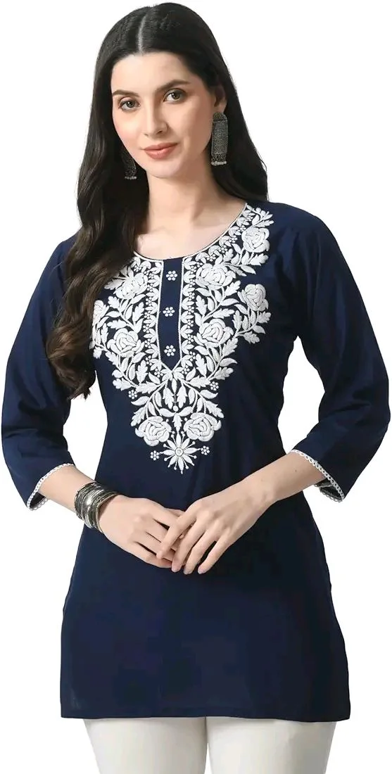 Kurti for Women Short Chikankari Kurtis for Girls Lakhnawi Top Kurta Design for Ladies Woman Straight Embroidery for Office (Short Flower Kurti) - Cloud Burst, M
