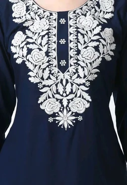 Kurti for Women Short Chikankari Kurtis for Girls Lakhnawi Top Kurta Design for Ladies Woman Straight Embroidery for Office (Short Flower Kurti) - Cloud Burst, M