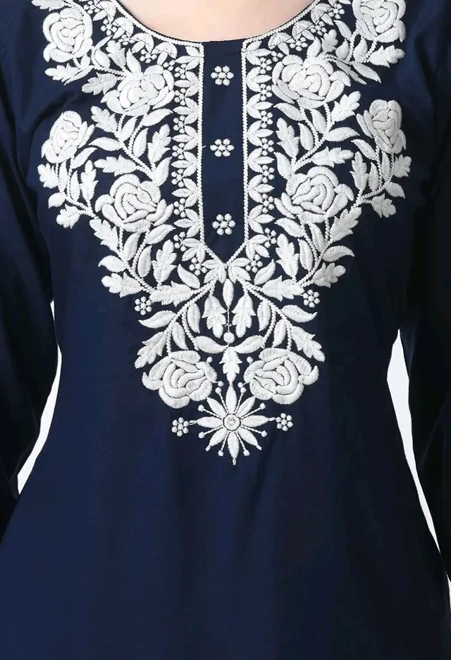Kurti for Women Short Chikankari Kurtis for Girls Lakhnawi Top Kurta Design for Ladies Woman Straight Embroidery for Office (Short Flower Kurti) - Cloud Burst, M