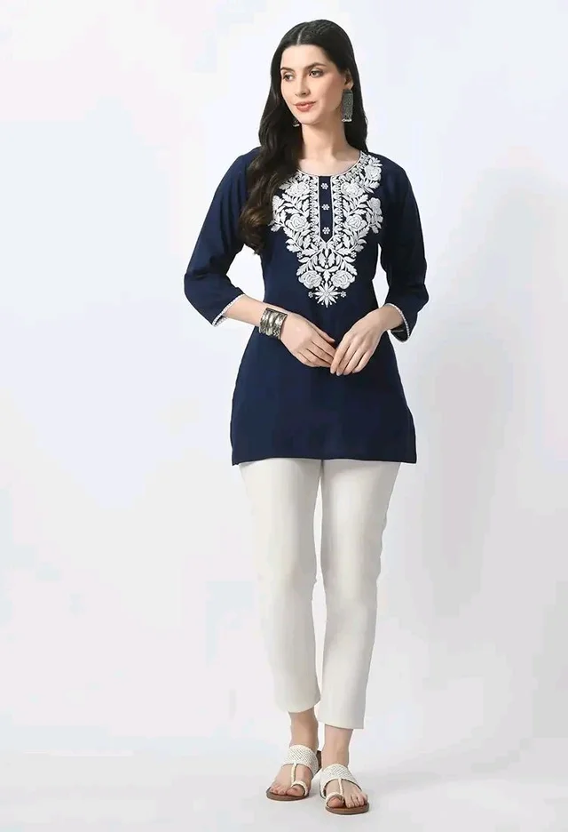Kurti for Women Short Chikankari Kurtis for Girls Lakhnawi Top Kurta Design for Ladies Woman Straight Embroidery for Office (Short Flower Kurti) - Cloud Burst, M