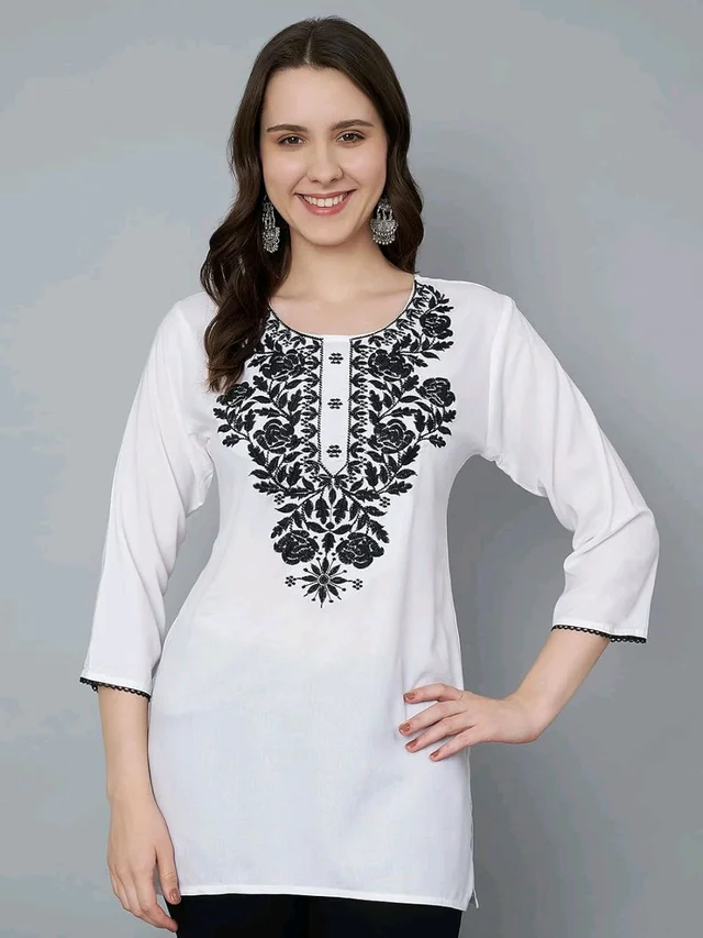 Kurti for Women Short Chikankari Kurtis for Girls Lakhnawi Top Kurta Design for Ladies Woman Straight Embroidery for Office (Short Flower Kurti) - White, S