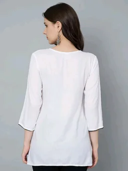 Kurti for Women Short Chikankari Kurtis for Girls Lakhnawi Top Kurta Design for Ladies Woman Straight Embroidery for Office (Short Flower Kurti) - White, S