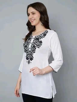 Kurti for Women Short Chikankari Kurtis for Girls Lakhnawi Top Kurta Design for Ladies Woman Straight Embroidery for Office (Short Flower Kurti) - White, S