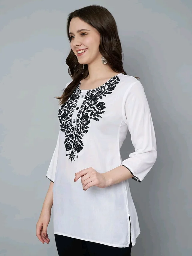 Kurti for Women Short Chikankari Kurtis for Girls Lakhnawi Top Kurta Design for Ladies Woman Straight Embroidery for Office (Short Flower Kurti) - White, S
