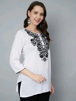 Kurti for Women Short Chikankari Kurtis for Girls Lakhnawi Top Kurta Design for Ladies Woman Straight Embroidery for Office (Short Flower Kurti) - White, S