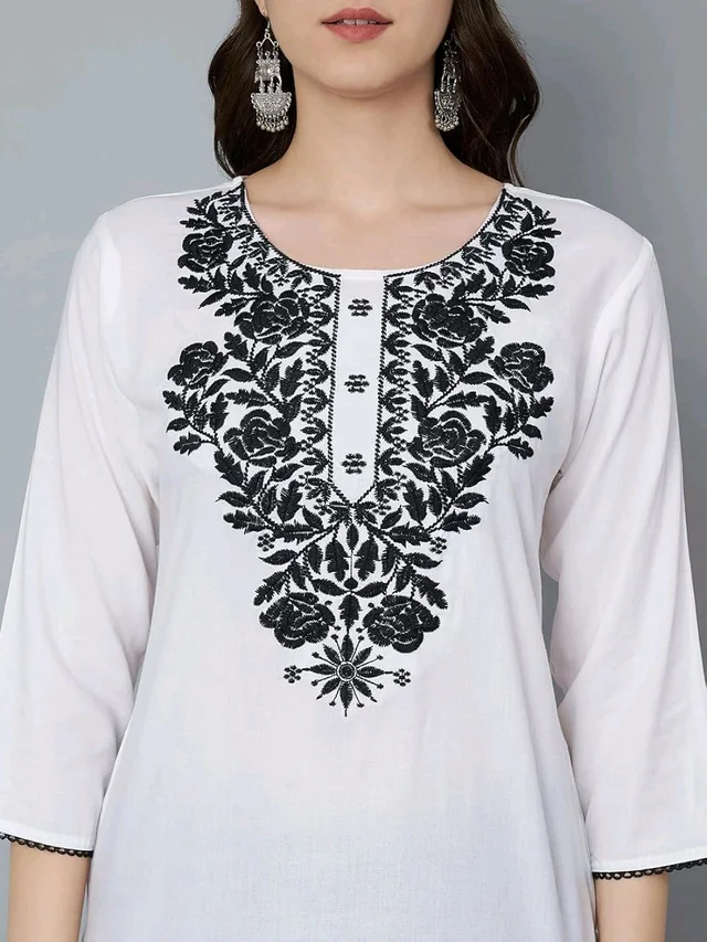 Kurti for Women Short Chikankari Kurtis for Girls Lakhnawi Top Kurta Design for Ladies Woman Straight Embroidery for Office (Short Flower Kurti) - White, S