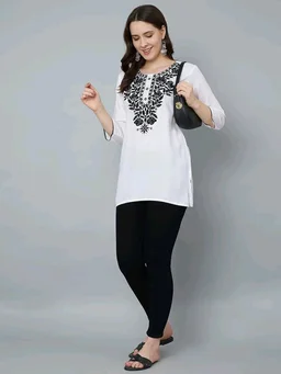 Kurti for Women Short Chikankari Kurtis for Girls Lakhnawi Top Kurta Design for Ladies Woman Straight Embroidery for Office (Short Flower Kurti) - White, S