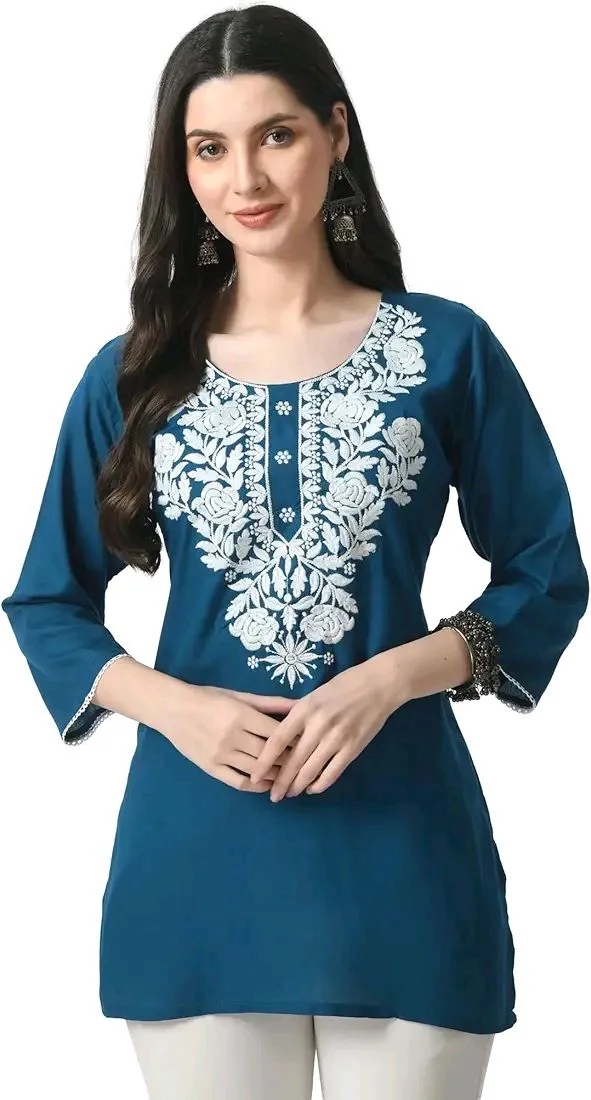 Kurti for Women Short Chikankari Kurtis for Girls Lakhnawi Top Kurta Design for Ladies Woman Straight Embroidery for Office (Short Flower Kurti) - Chathams Blue, S