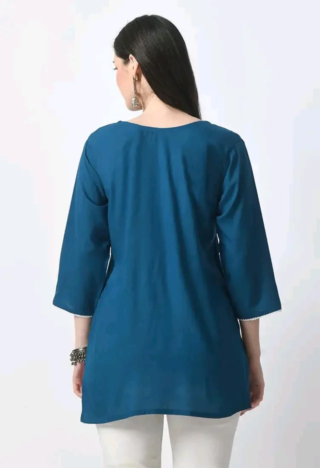 Kurti for Women Short Chikankari Kurtis for Girls Lakhnawi Top Kurta Design for Ladies Woman Straight Embroidery for Office (Short Flower Kurti) - Chathams Blue, S
