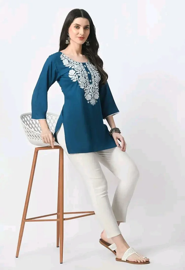 Kurti for Women Short Chikankari Kurtis for Girls Lakhnawi Top Kurta Design for Ladies Woman Straight Embroidery for Office (Short Flower Kurti) - Chathams Blue, S