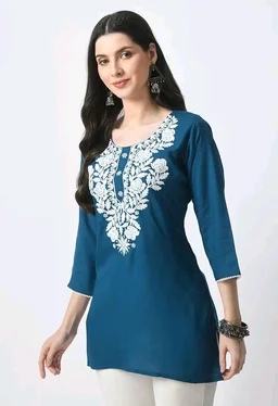 Kurti for Women Short Chikankari Kurtis for Girls Lakhnawi Top Kurta Design for Ladies Woman Straight Embroidery for Office (Short Flower Kurti) - Chathams Blue, S