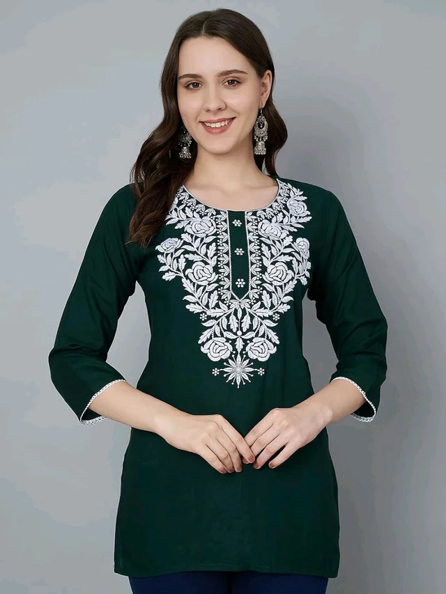 Kurti for Women Short Chikankari Kurtis for Girls Lakhnawi Top Kurta Design for Ladies Woman Straight Embroidery for Office (Short Flower Kurti) - Firefly, XL